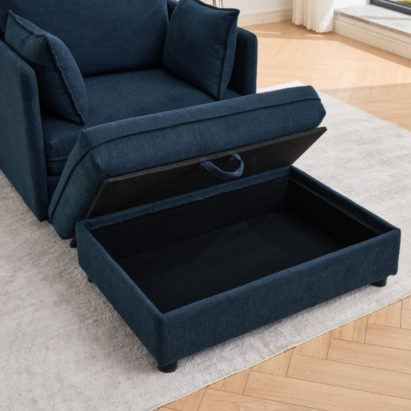 English Elm Oversized Chenille Accent Chair with Storage Ottoman and Pillows for Living Rooms Blue W5808S00011