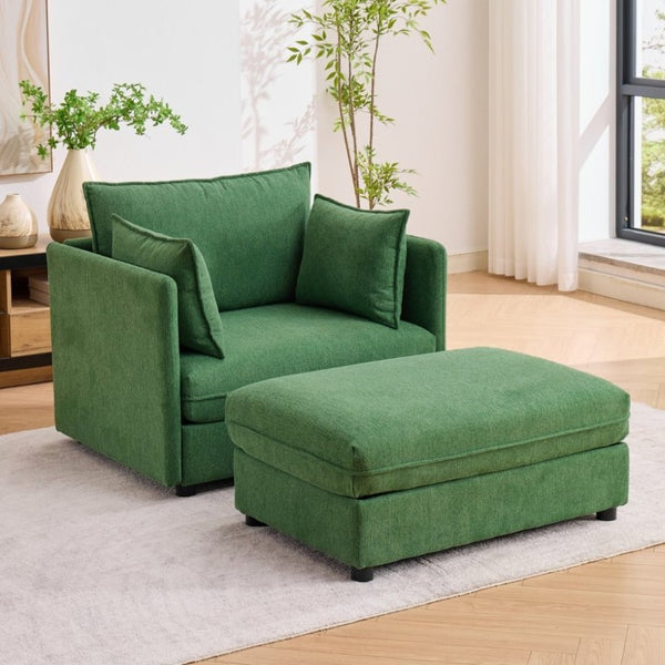 English Elm Oversized Chenille Accent Chair with Storage Ottoman and Pillows for Living Rooms Green W5808S00012