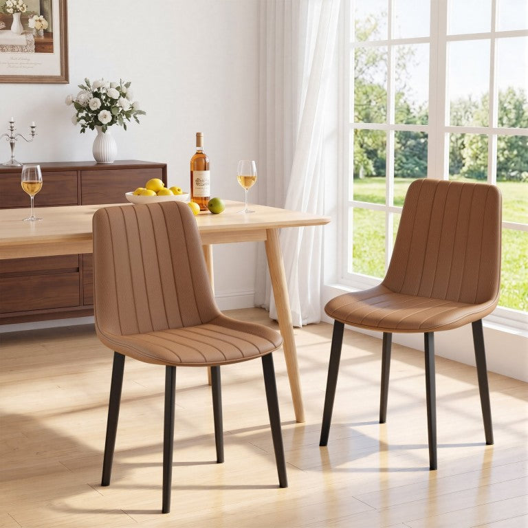 English Elm Brown PU Leather Wave Quilted Dining Chairs with Steel Legs Ergonomic Set of 2 W5815P531627