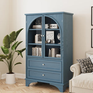 English Elm 52.17"h Arched Glass Door Curio Cabinet with Drawers Warm Wood Finish Display Blue W5819P481589