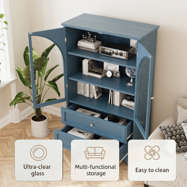 English Elm 52.17"h Arched Glass Door Curio Cabinet with Drawers Warm Wood Finish Display Blue W5819P481589