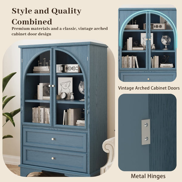 English Elm 52.17"h Arched Glass Door Curio Cabinet with Drawers Warm Wood Finish Display Blue W5819P481589
