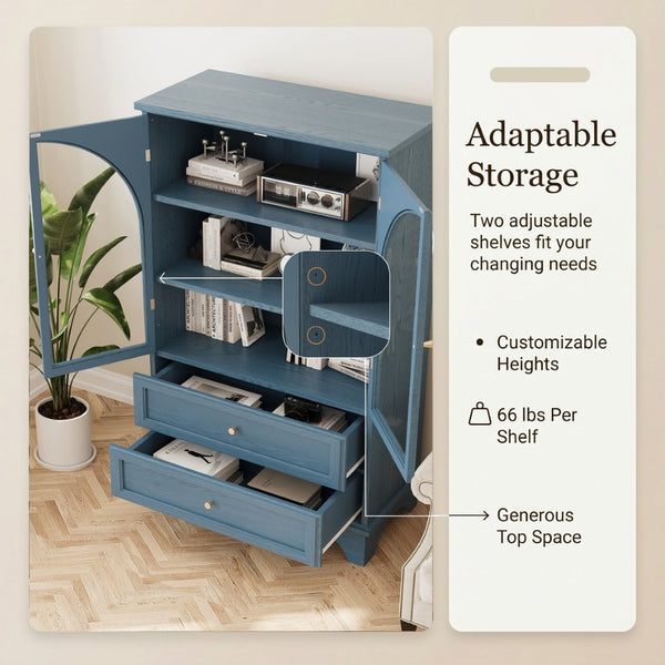 English Elm 52.17"h Arched Glass Door Curio Cabinet with Drawers Warm Wood Finish Display Blue W5819P481589