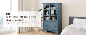 English Elm 52.17"h Arched Glass Door Curio Cabinet with Drawers Warm Wood Finish Display Blue W5819P481589