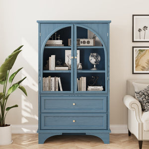 English Elm 52.17"h Arched Glass Door Curio Cabinet with Drawers Warm Wood Finish Display Blue W5819P481589