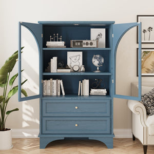 English Elm 52.17"h Arched Glass Door Curio Cabinet with Drawers Warm Wood Finish Display Blue W5819P481589