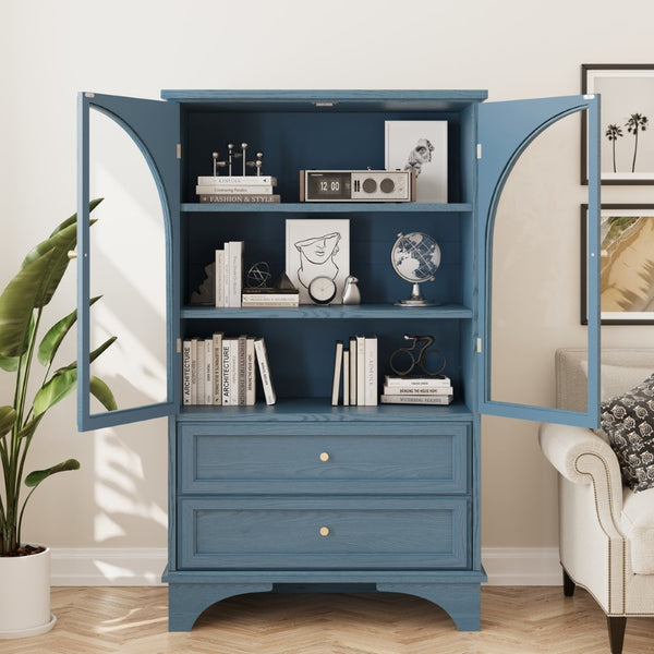 English Elm 52.17"h Arched Glass Door Curio Cabinet with Drawers Warm Wood Finish Display Blue W5819P481589