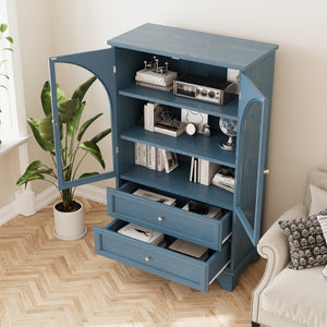 English Elm 52.17"h Arched Glass Door Curio Cabinet with Drawers Warm Wood Finish Display Blue W5819P481589