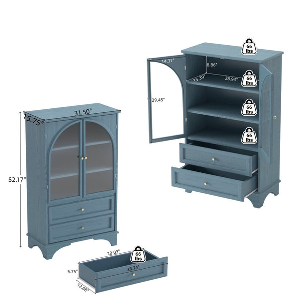 English Elm 52.17"h Arched Glass Door Curio Cabinet with Drawers Warm Wood Finish Display Blue W5819P481589