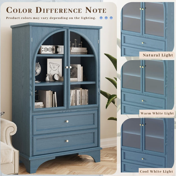 English Elm 52.17"h Arched Glass Door Curio Cabinet with Drawers Warm Wood Finish Display Blue W5819P481589
