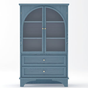 English Elm 52.17"h Arched Glass Door Curio Cabinet with Drawers Warm Wood Finish Display Blue W5819P481589