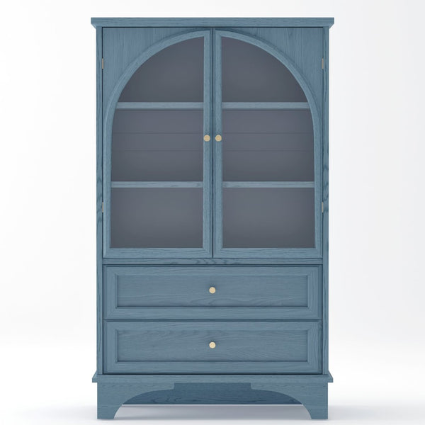 English Elm 52.17"h Arched Glass Door Curio Cabinet with Drawers Warm Wood Finish Display Blue W5819P481589
