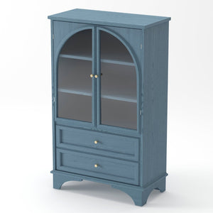 English Elm 52.17"h Arched Glass Door Curio Cabinet with Drawers Warm Wood Finish Display Blue W5819P481589