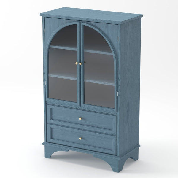 English Elm 52.17"h Arched Glass Door Curio Cabinet with Drawers Warm Wood Finish Display Blue W5819P481589