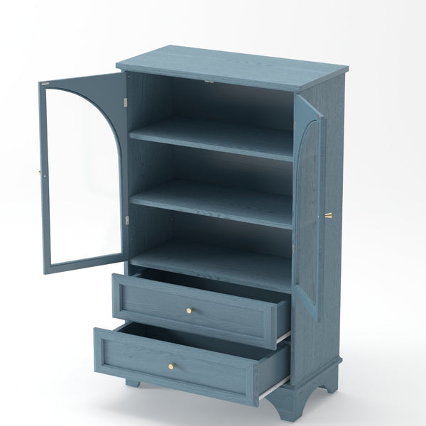 English Elm 52.17"h Arched Glass Door Curio Cabinet with Drawers Warm Wood Finish Display Blue W5819P481589