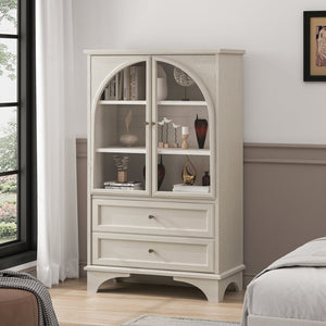 English Elm 52.17"h Arched Glass Door Curio Cabinet with Drawers Warm Wood Finish Display W5819P488733