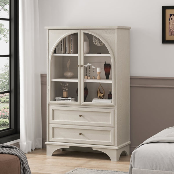 English Elm 52.17"h Arched Glass Door Curio Cabinet with Drawers Warm Wood Finish Display W5819P488733
