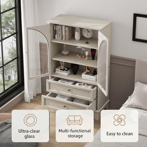 English Elm 52.17"h Arched Glass Door Curio Cabinet with Drawers Warm Wood Finish Display W5819P488733