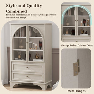 English Elm 52.17"h Arched Glass Door Curio Cabinet with Drawers Warm Wood Finish Display W5819P488733
