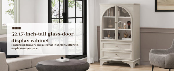 English Elm 52.17"h Arched Glass Door Curio Cabinet with Drawers Warm Wood Finish Display W5819P488733