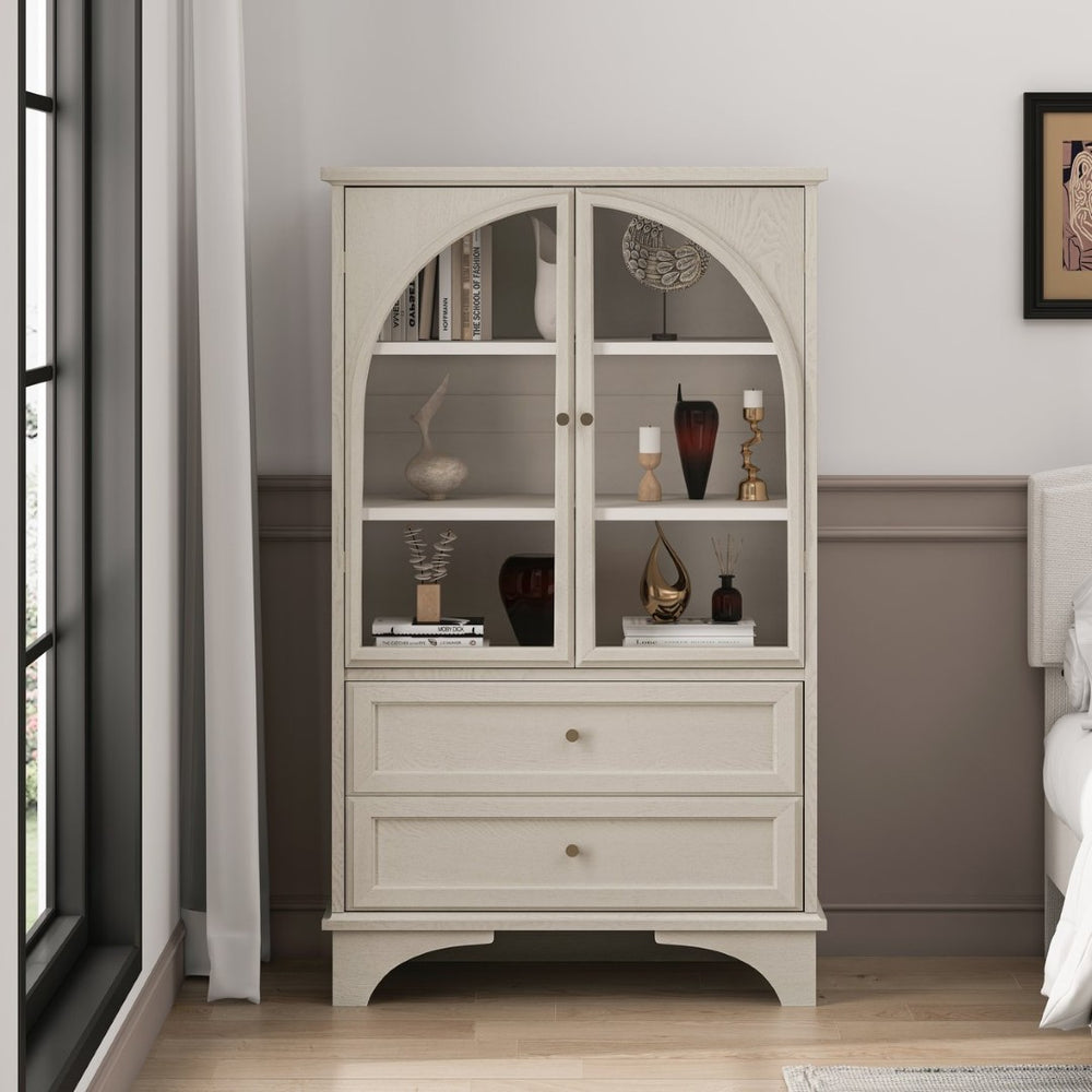 English Elm 52.17"h Arched Glass Door Curio Cabinet with Drawers Warm Wood Finish Display W5819P488733