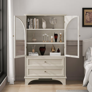 English Elm 52.17"h Arched Glass Door Curio Cabinet with Drawers Warm Wood Finish Display W5819P488733
