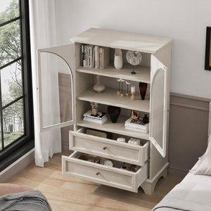 English Elm 52.17"h Arched Glass Door Curio Cabinet with Drawers Warm Wood Finish Display W5819P488733