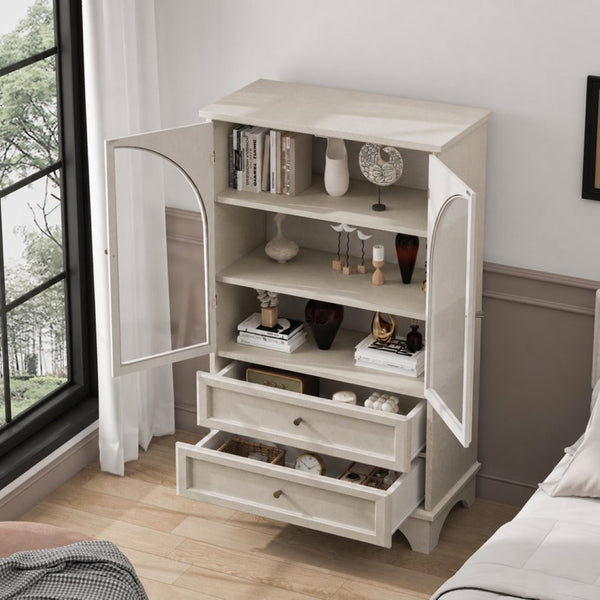 English Elm 52.17"h Arched Glass Door Curio Cabinet with Drawers Warm Wood Finish Display W5819P488733