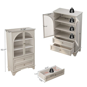 English Elm 52.17"h Arched Glass Door Curio Cabinet with Drawers Warm Wood Finish Display W5819P488733