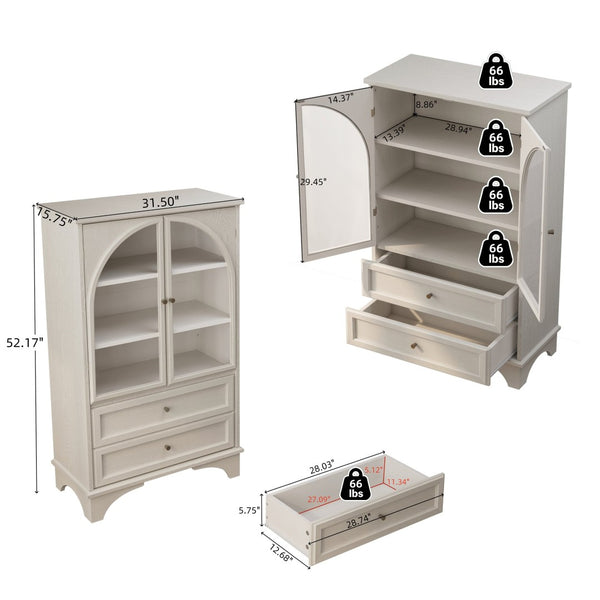 English Elm 52.17"h Arched Glass Door Curio Cabinet with Drawers Warm Wood Finish Display W5819P488733