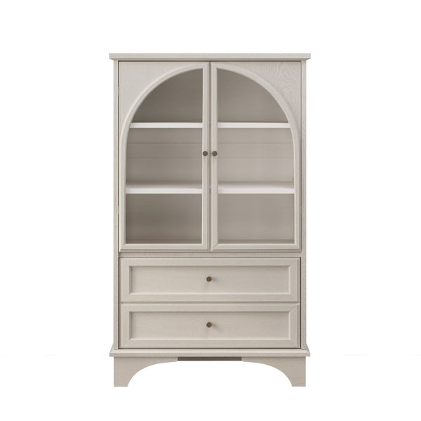 English Elm 52.17"h Arched Glass Door Curio Cabinet with Drawers Warm Wood Finish Display W5819P488733