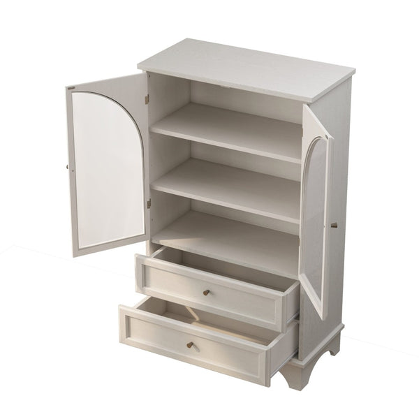 English Elm 52.17"h Arched Glass Door Curio Cabinet with Drawers Warm Wood Finish Display W5819P488733