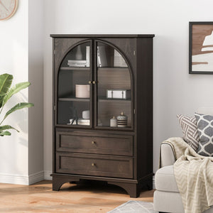English Elm 52.17"h Arched Glass Door Curio Cabinet with Drawers Warm Wood Finish Display Brown W5819P488755