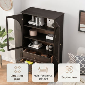 English Elm 52.17"h Arched Glass Door Curio Cabinet with Drawers Warm Wood Finish Display Brown W5819P488755