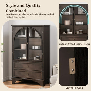 English Elm 52.17"h Arched Glass Door Curio Cabinet with Drawers Warm Wood Finish Display Brown W5819P488755