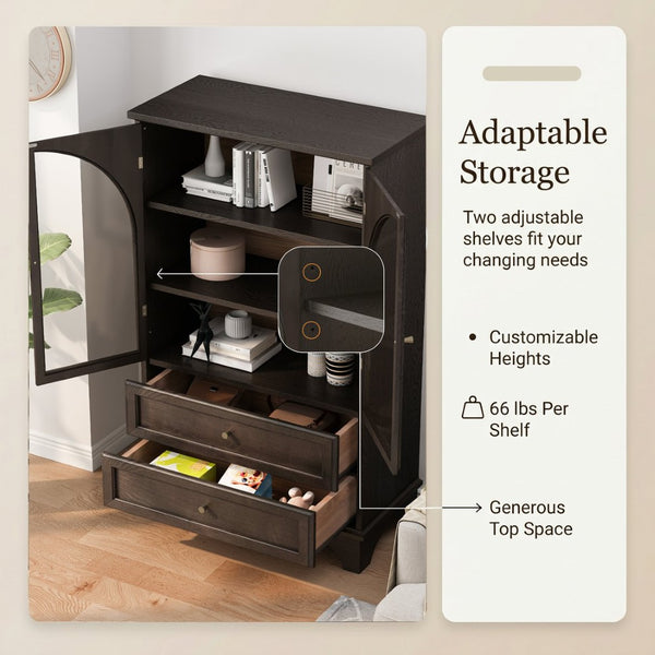 English Elm 52.17"h Arched Glass Door Curio Cabinet with Drawers Warm Wood Finish Display Brown W5819P488755