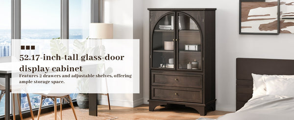 English Elm 52.17"h Arched Glass Door Curio Cabinet with Drawers Warm Wood Finish Display Brown W5819P488755