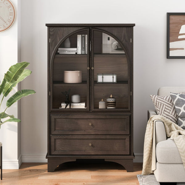 English Elm 52.17"h Arched Glass Door Curio Cabinet with Drawers Warm Wood Finish Display Brown W5819P488755