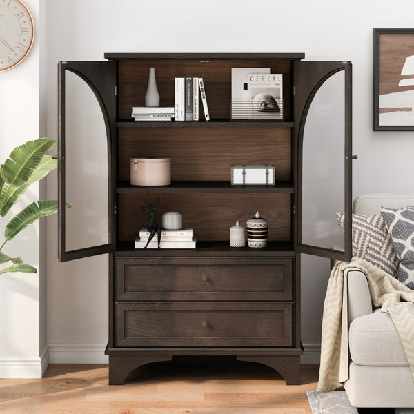 English Elm 52.17"h Arched Glass Door Curio Cabinet with Drawers Warm Wood Finish Display Brown W5819P488755
