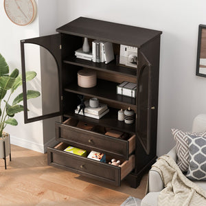 English Elm 52.17"h Arched Glass Door Curio Cabinet with Drawers Warm Wood Finish Display Brown W5819P488755