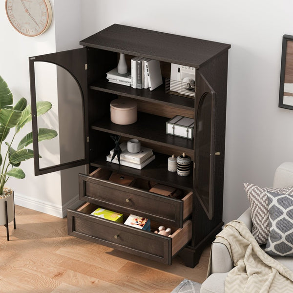 English Elm 52.17"h Arched Glass Door Curio Cabinet with Drawers Warm Wood Finish Display Brown W5819P488755