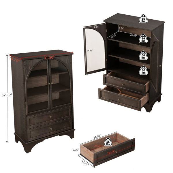 English Elm 52.17"h Arched Glass Door Curio Cabinet with Drawers Warm Wood Finish Display Brown W5819P488755