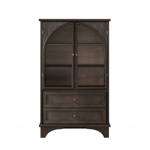 English Elm 52.17"h Arched Glass Door Curio Cabinet with Drawers Warm Wood Finish Display Brown W5819P488755
