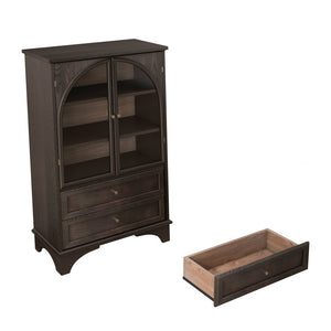 English Elm 52.17"h Arched Glass Door Curio Cabinet with Drawers Warm Wood Finish Display Brown W5819P488755