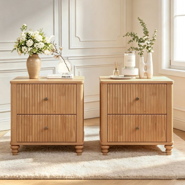 English Elm Fluted 3-Drawer Nightstand Set of Two Oak Finish Mid-Century Bedroom Side Tables W5819P491375