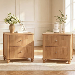 English Elm Fluted 3-Drawer Nightstand Set of Two Oak Finish Mid-Century Bedroom Side Tables W5819P491375