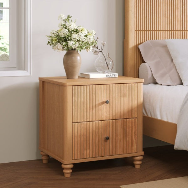English Elm Fluted 3-Drawer Nightstand Set of Two Oak Finish Mid-Century Bedroom Side Tables W5819P491375