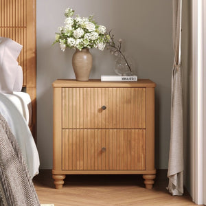 English Elm Fluted 3-Drawer Nightstand Set of Two Oak Finish Mid-Century Bedroom Side Tables W5819P491375