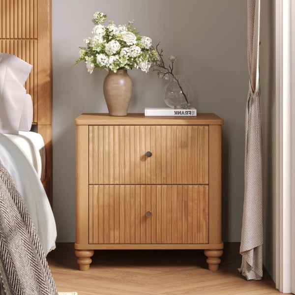 English Elm Fluted 3-Drawer Nightstand Set of Two Oak Finish Mid-Century Bedroom Side Tables W5819P491375