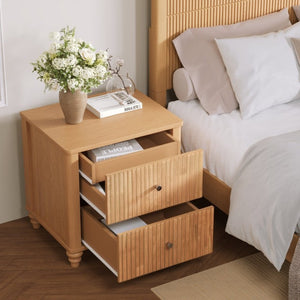 English Elm Fluted 3-Drawer Nightstand Set of Two Oak Finish Mid-Century Bedroom Side Tables W5819P491375